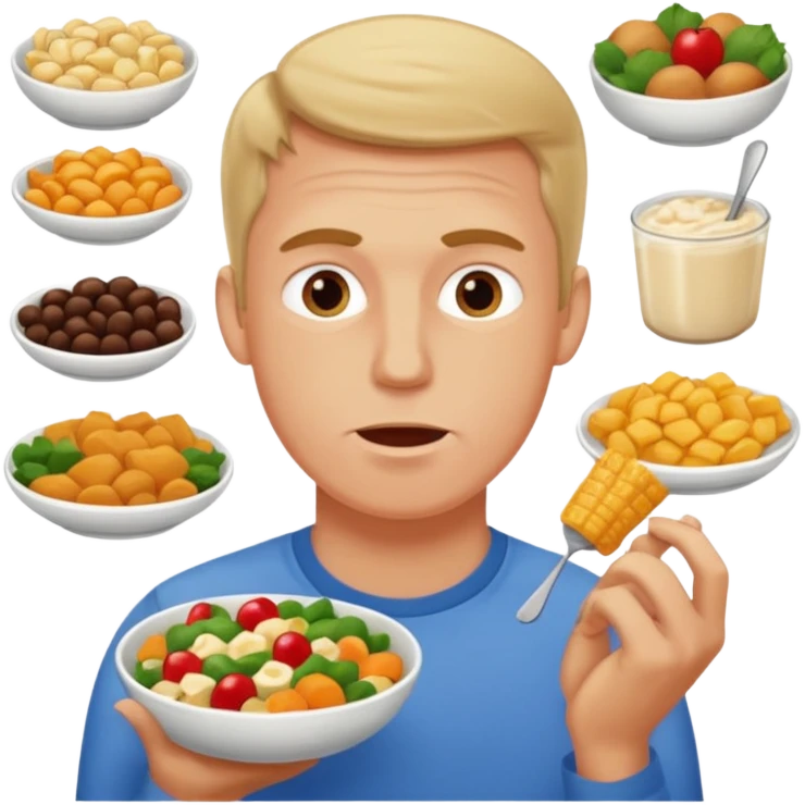 a tall white man eating 100 different foods emoji