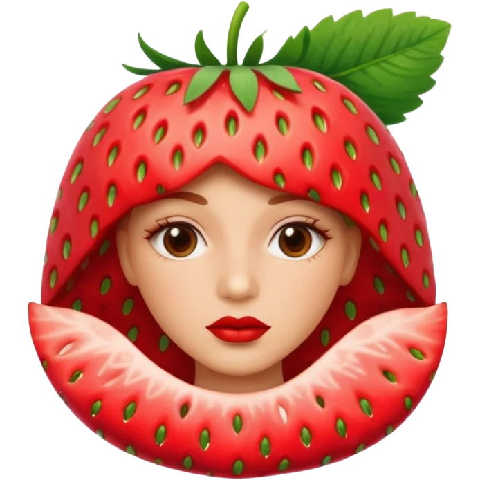 . subject. less details. flat lips with pattern of strawberry with leaf on top  emoji