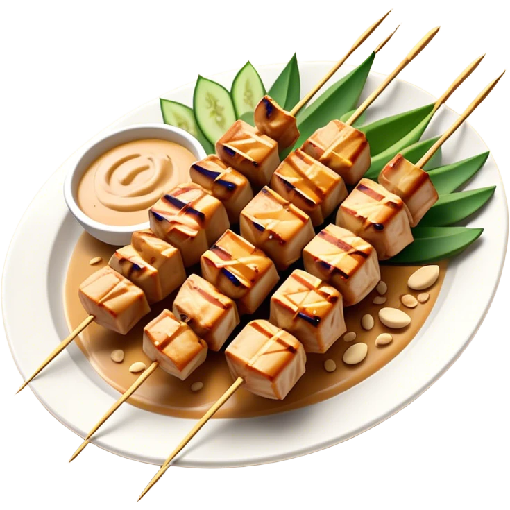 Cinematic Realistic Indonesian Chicken Satay Dish Emoji, depicted as succulent, marinated chicken skewers grilled to perfection with a subtle char, drizzled generously with a rich, creamy peanut sauce that glistens under warm, natural lighting. The vibrant textures of the tender meat and smooth, spicy sauce evoke the authentic flavors of Indonesian street food, rendered with lifelike detail and dynamic, appetizing lighting. emoji