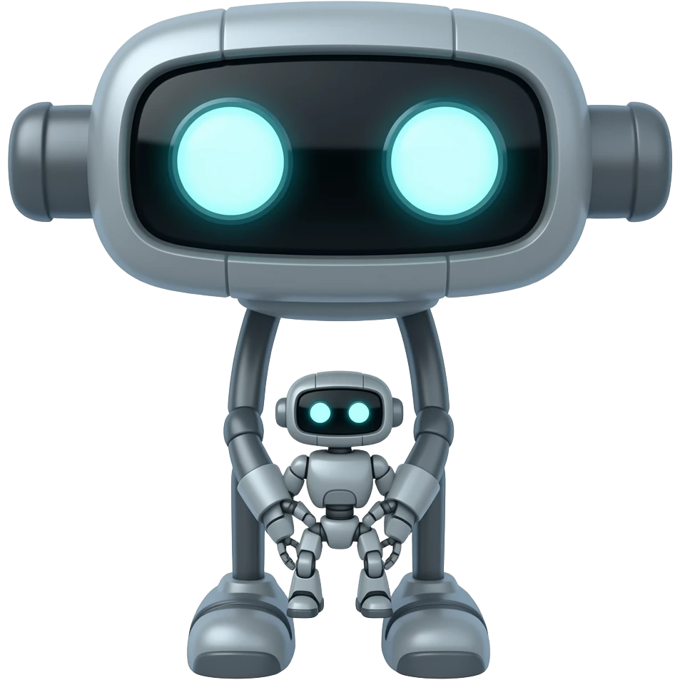 A platform with 2 legs facing forward with glowing white eyes and with no arms and also big carrying a tiny robot also made of plastic emoji