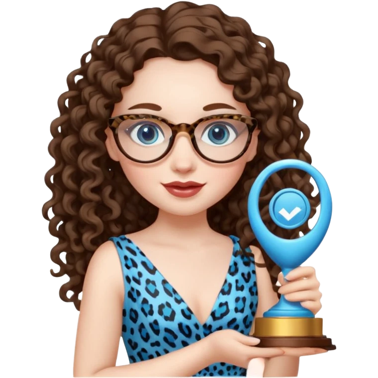 A girl with white pale skin, full lips, brunette LONG curly hair. She is wearing a white  silk dress. She is holding an award and happy. She has a leopard print round-ish shaped glasses. She has blue eyes. emoji