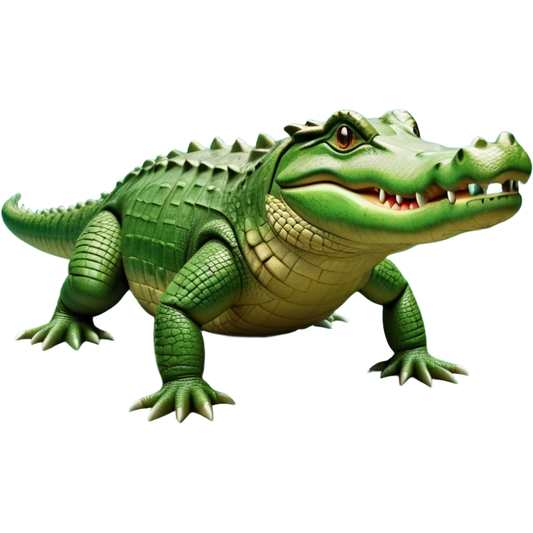 cinematic-crocodile-realistic-full-body-on all fours-emoji,-massive-scaled-body-partially-submerged-in-shallow-water,-head-tilted-dramatically,-rough-green-and-brown-hide-textured-with-deep-ridges,-simplified-yet-realistic-focused-features, head held high emoji