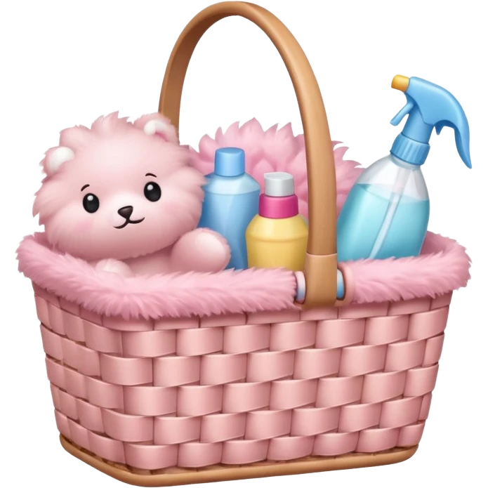 Basket with soft pink cleaning supplies emoji