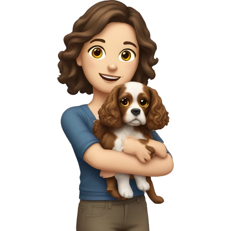 Brunette white girl holding yellow cocker spaniel emoji