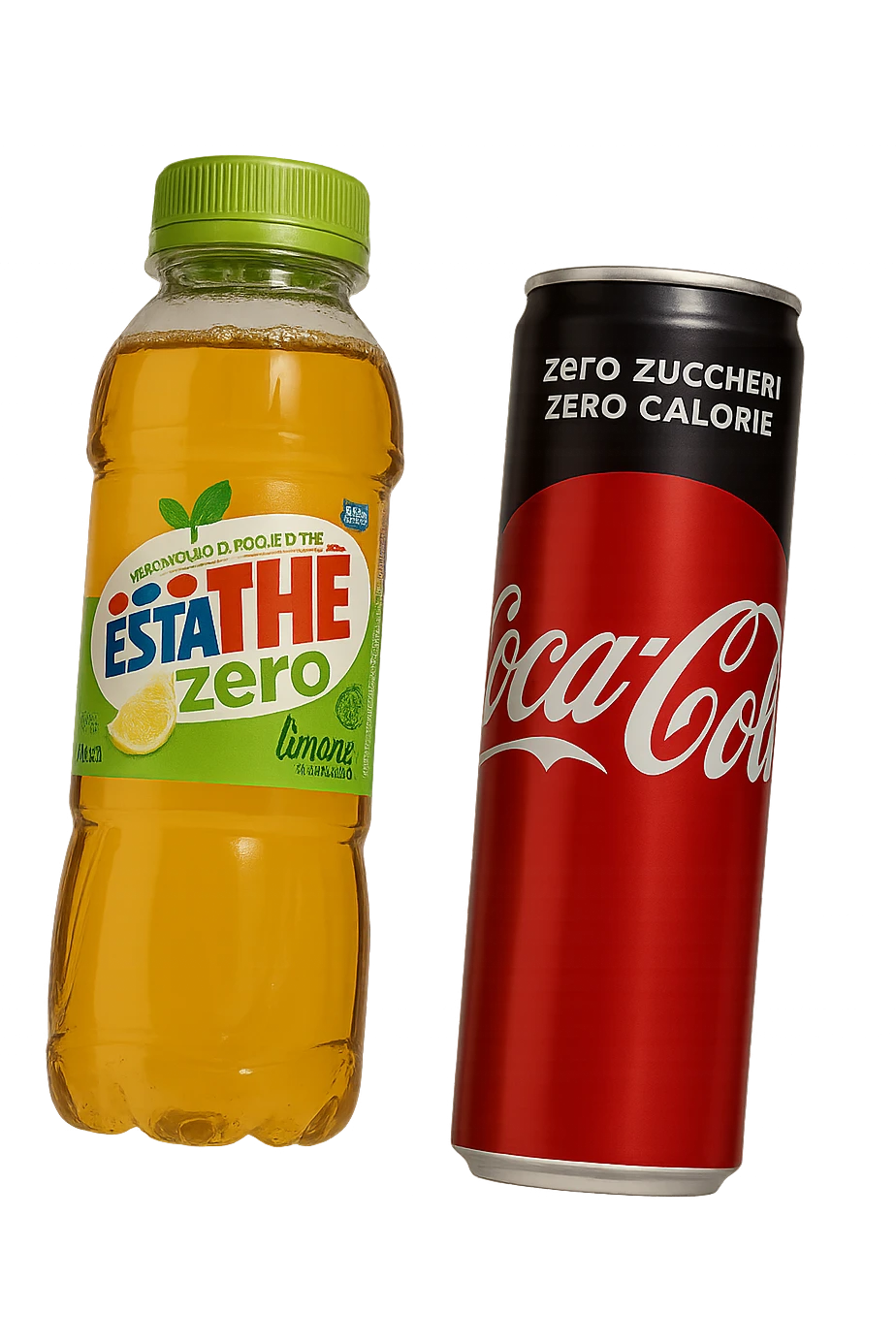 lattina di coca cola zero fluttua accanto a bottiglia di esta-thè zero, iperrealistiche 4k emoji