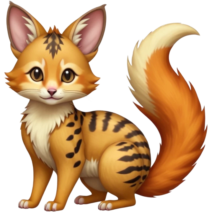 Hyper realistic furry fiery flammable beautiful elegant pretty precious cute  Fakémon-Pokémon-opossum-feline-serval-caracal-chinchilla-Furret-Minccino-hybrid-creature with a big fluffy bushy tail (full body) emoji