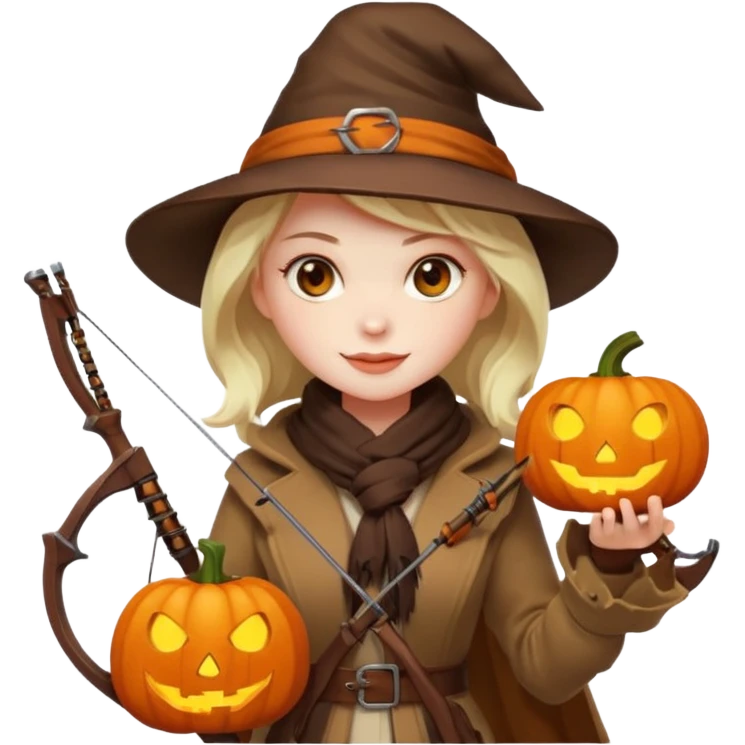 female human monster hunter emoji, wearing brown coat and hat, holding crossbow, soft smile, scarf, glowing pumpkin by her side, Halloween fantasy style, clean vector Apple emoji look, bright colors, white background, square emoji