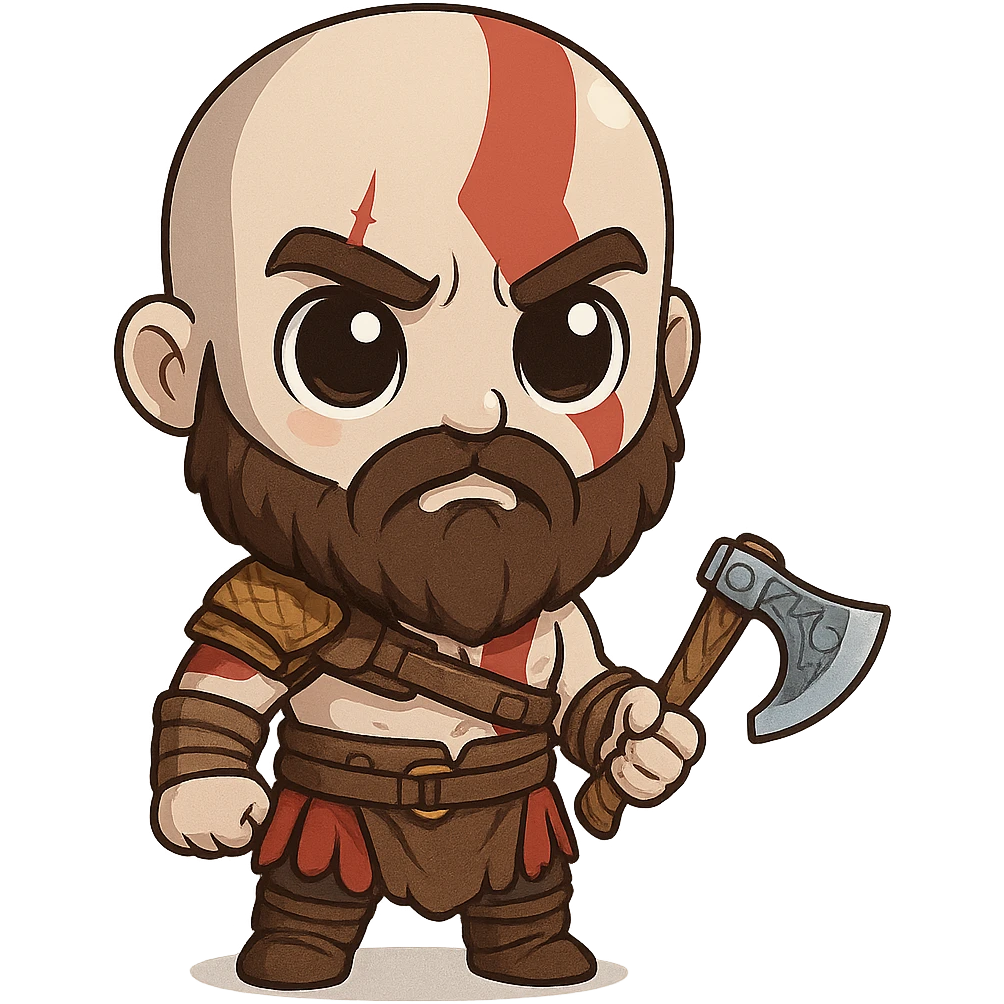 chibi-style Kratos with a tiny axe and big eyes emoji