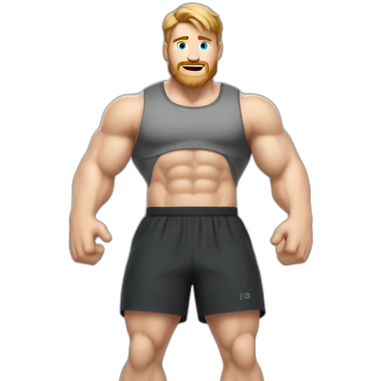 To knee Actively gesturing with hands Pale skinned Fit Man With the biceps and light brown hair in dark gray Sleeveless Mike, black oversize sports shorts and white Sneakers emoji