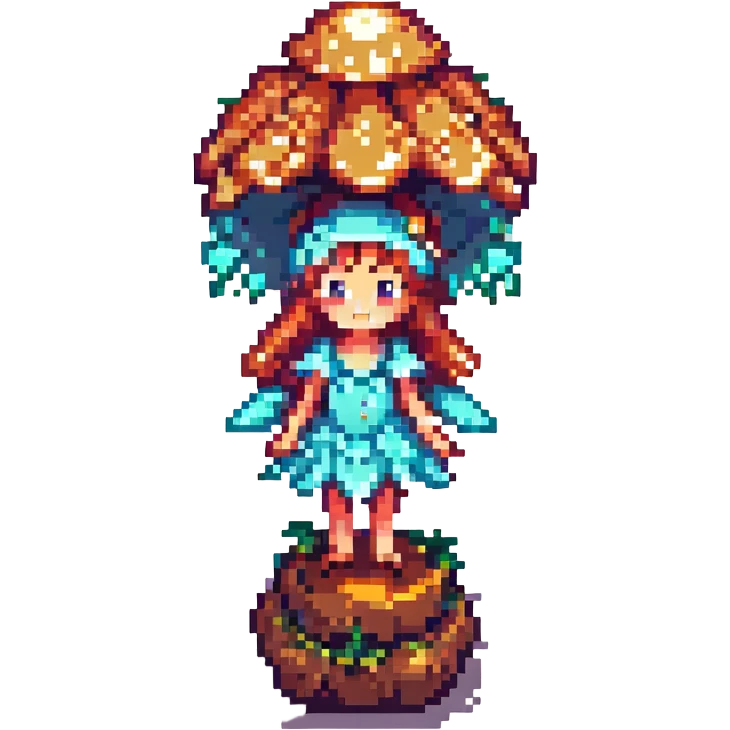 Add a tiny fairy nearby the glowing mushroom in pixel art style, with no background. emoji