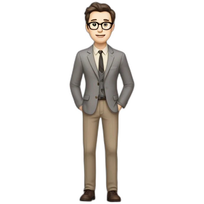 Full height Pale skinned Fit Man With dark brown hair in gray jacket, beige office shirt, tie, Brown pants and vintage glasses. Thrumbs of his palms directed up emoji