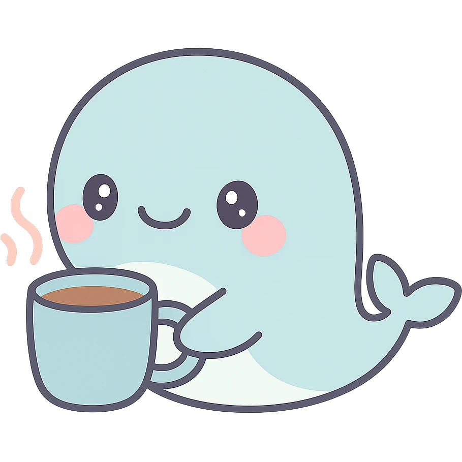 whale character enjoying coffee from a blue mug, cute and whimsical emoji