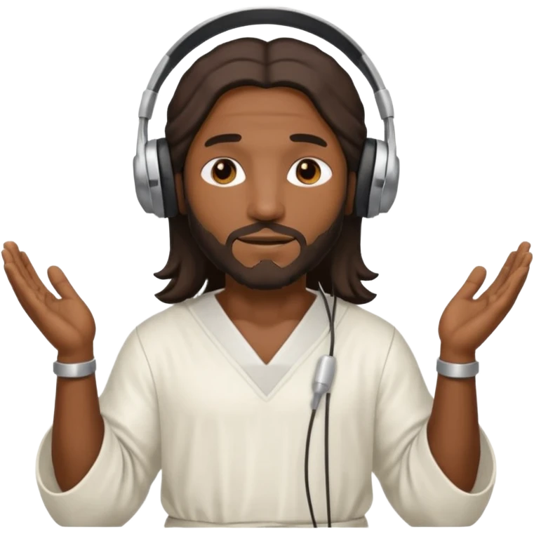 African American Jesus Christ wearing a white tunic holding a pair of headphones emoji