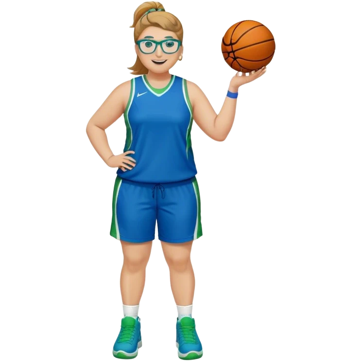 Full Body plus size white female basketball player with medium brown blond hair with short spike hair wearing blue glasses 
With a small wide nose wearing blue green uniform  green sneakers smiling wearing silver hoop earrings emoji