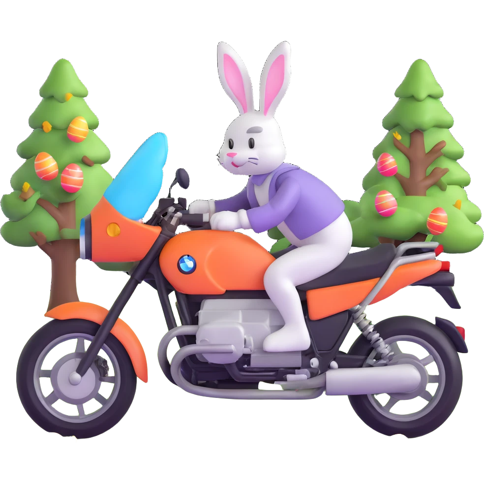 Easter bunny riding a BMW boxer motorcycle with trees and grass in the background and colorful Easter eggs hidden in the grass emoji