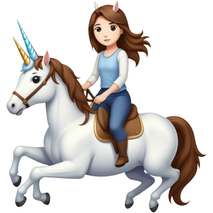 short girl with long brown hair riding a unicorn emoji