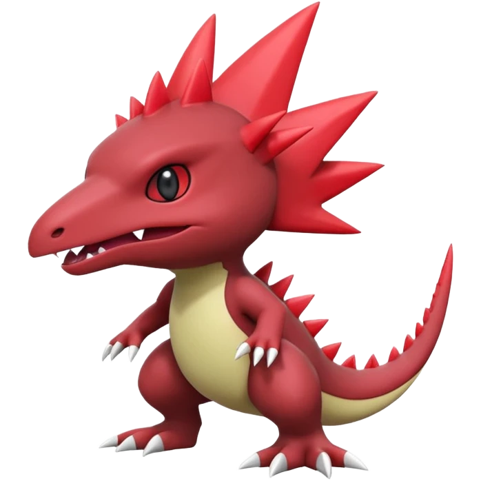 A 3D CGI model of a red-colored edgy kawaii Axew-Tyrantraum-Larvitar-Fakémon-Pokémon-Digimon-creature (full body) emoji