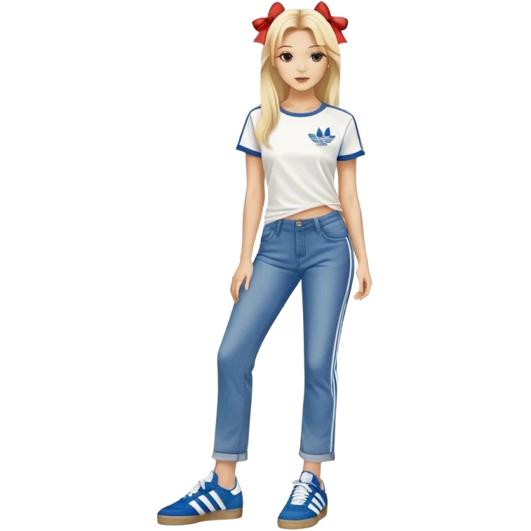 Beautiful Blonde woman standing up posing with one leg slightly crossed over the other leg, wearing denim straight jeans, a pair of adidas og samba shoes and a cute top with small bows on it emoji