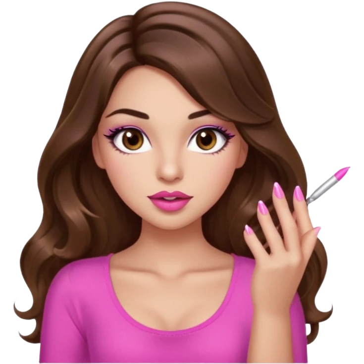 girl with long wavy brown hair, brown eyes, light to medium complexion, in a pink sexy top, pink puckered lips, long lashes, showing a manicure emoji
