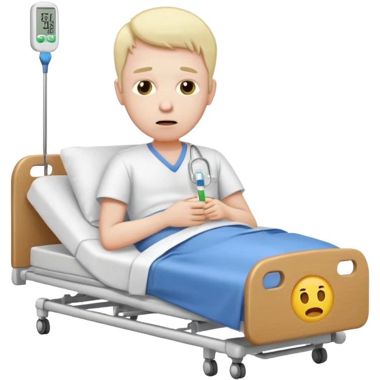 man sick in hospital bed full body thermometer in mouth emoji style sad expression emoji