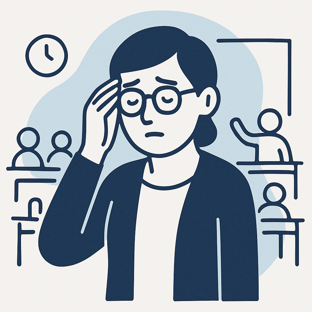 exhausted teacher in a bustling classroom emoji