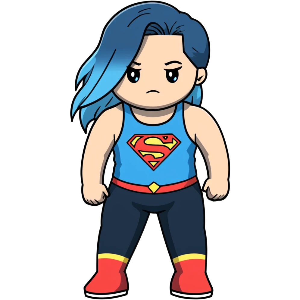 Beautiful-shameful look on face-very long and very straight black to sky blue ombre hair-blue sad eyes-cute sky blue lowcut tanktop-black with superman logo- leggings emoji