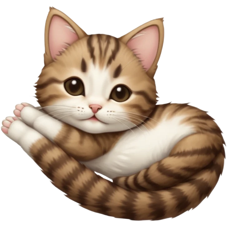 dark brown tabby and white kitten in funny positions stretched our upside down with eyes closed emoji