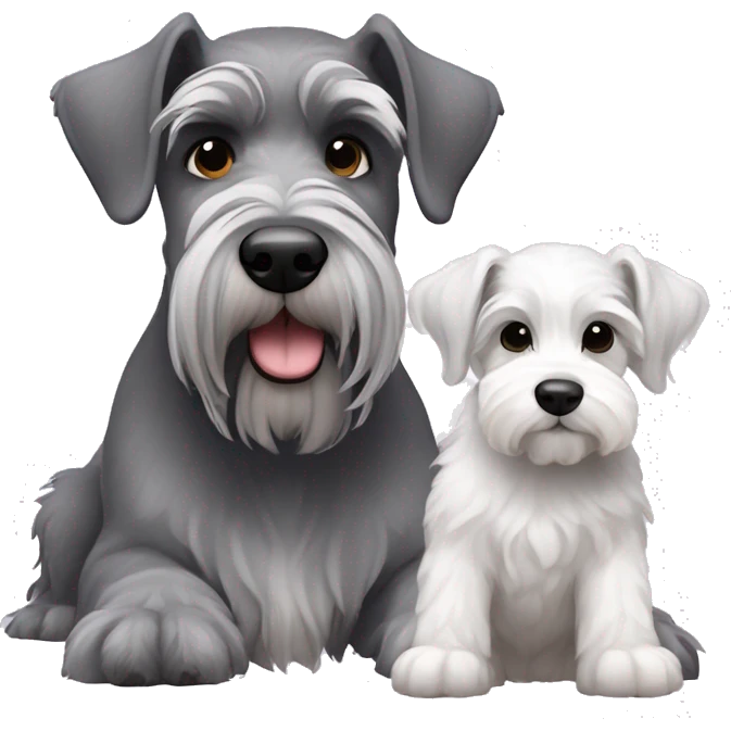 A big gray schnauzer with dark eyes next to a small all white puppy schnauzer emoji