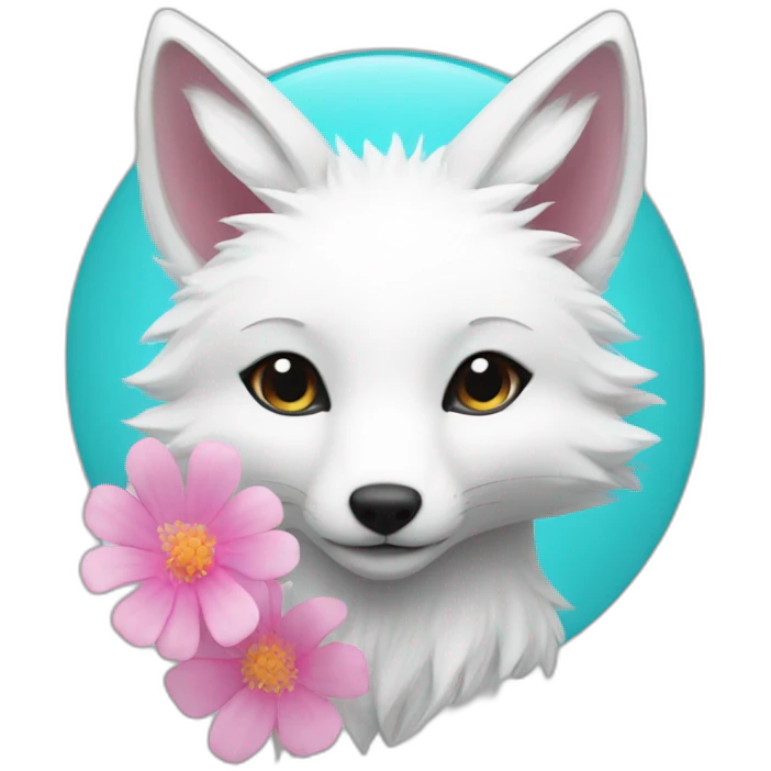 white fox with cyan hair on heaf and pink flower in it emoji