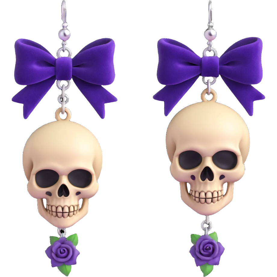 gothic earrings with deep amethyst velvet bows, silver skull charms, black rose accents, rich and gothic, matching the choker emoji