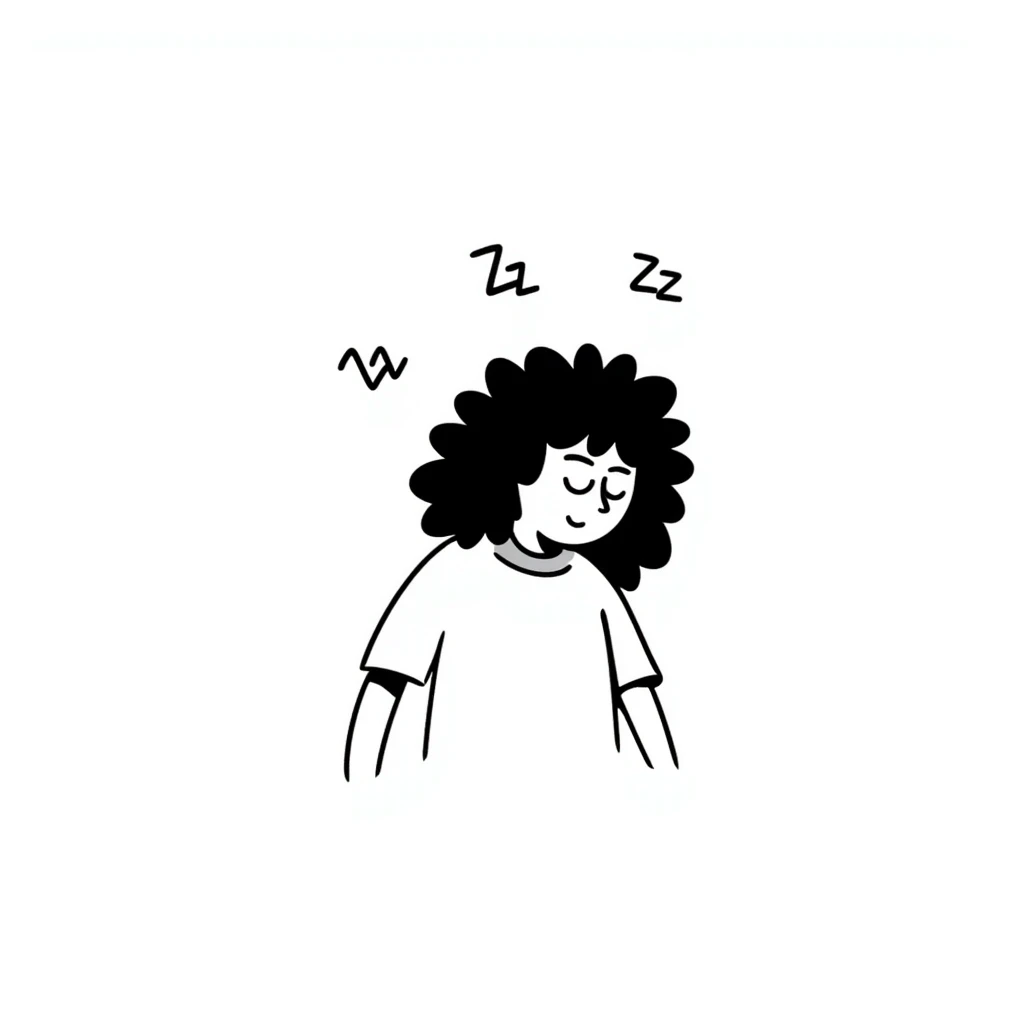 a super tired person with messy hair and Zzz above their head emoji