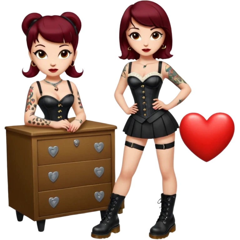 modern pin-up girl, white skin, heart-shaped face, big eyes, flirty expression, dark red lips, brown hair with rockabilly bangs and central blonde streak, leopard corset and black leather, black pencil skirt, Dr. Martens boots, old school tattoos on arms and legs, compact and rounded, full body emoji