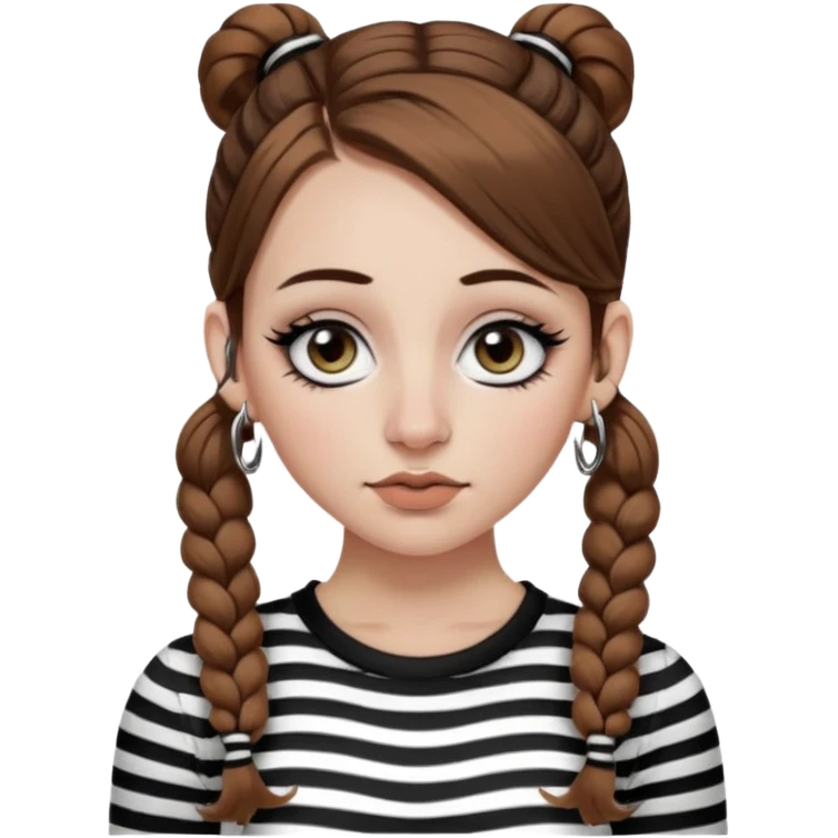 a white girl with brown hair in very low pigtails black eyeliner big false eyelashes with a septum piercing nose piercing big hoop earings dermals close to the eyes one on each side wearing a black and white striped long sleeve shirt emoji