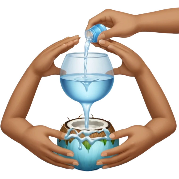 A whole coconut with water being poured over it with hands cupping water emoji