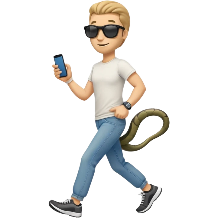 friendly anthropomorphised snake in jeans and a t-shirt, wearing dark sunglasses, jogging upright in standard pose emoji