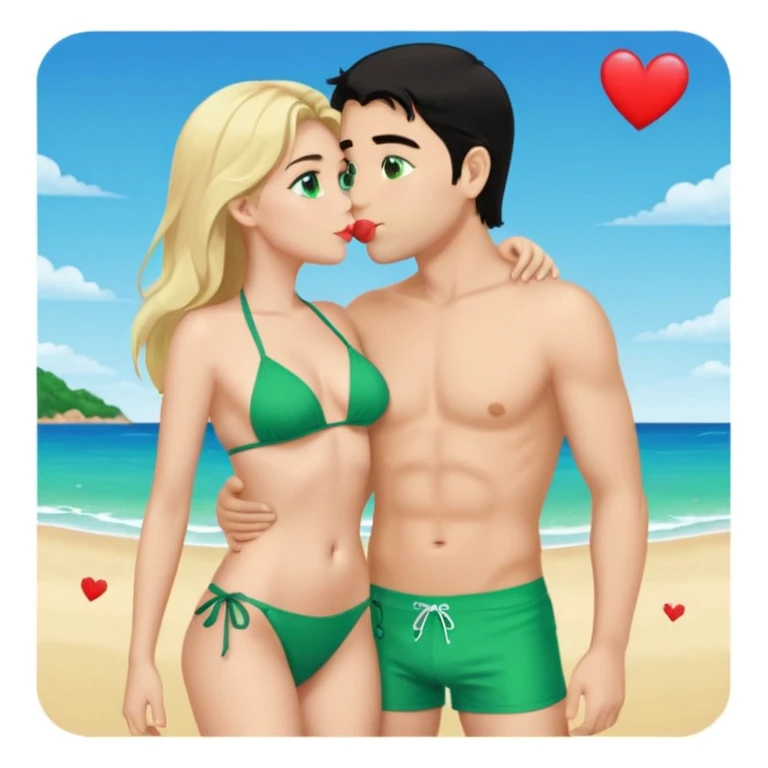Blonde girl Green eyes Green Bikini whole body Kissing man black Hair blue eyes Hearts in Body Background beach emoji