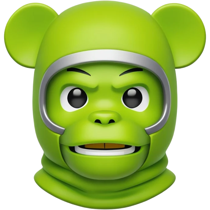 bearbrick toy wearing a lime green balaclava with angry aggressive thick eyebrows showing above the mask emoji