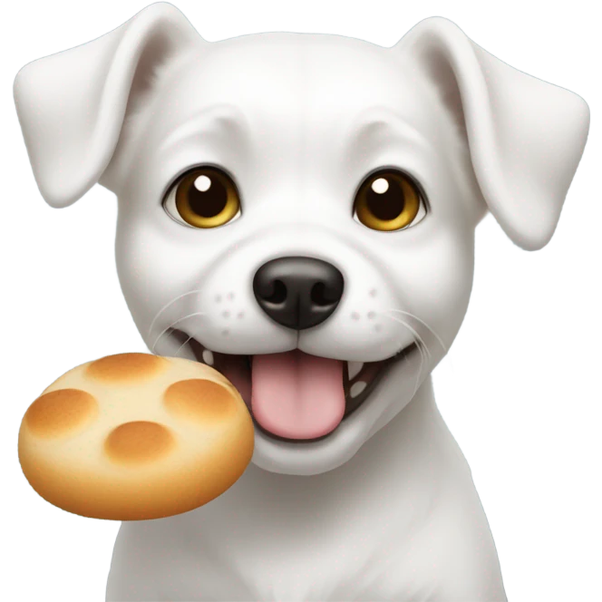 little white dog with a small round bread in its mouth emoji