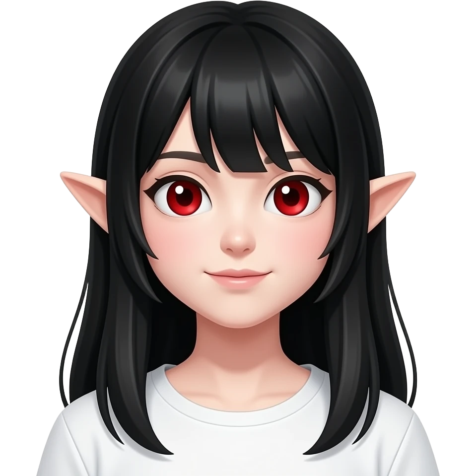 흰 피부. 붉은 동공. 살색 날카로운 귀. 큰 눈. 새하얀 피부. 붉은 홍조. 검정 긴생머리. emoji