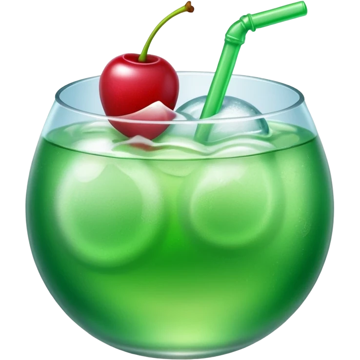 Create an emoji with a very clear rounded glass and ice, bright transparent green soda , a smooth vanilla scoop circle shape, a glossy red cherry, using vibrant colors, soft shading, and clear glass highlights.
 emoji