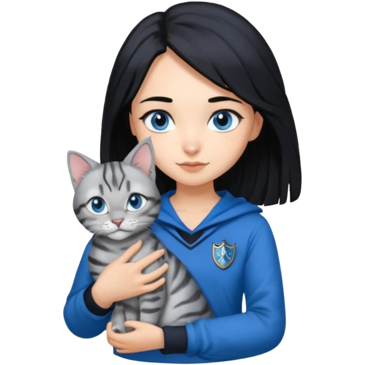 Girl with light skin, blue eyes, shoulder length straight black hair, wears a ravenclaw outfit, with a silver bengal cat holding in her arms emoji