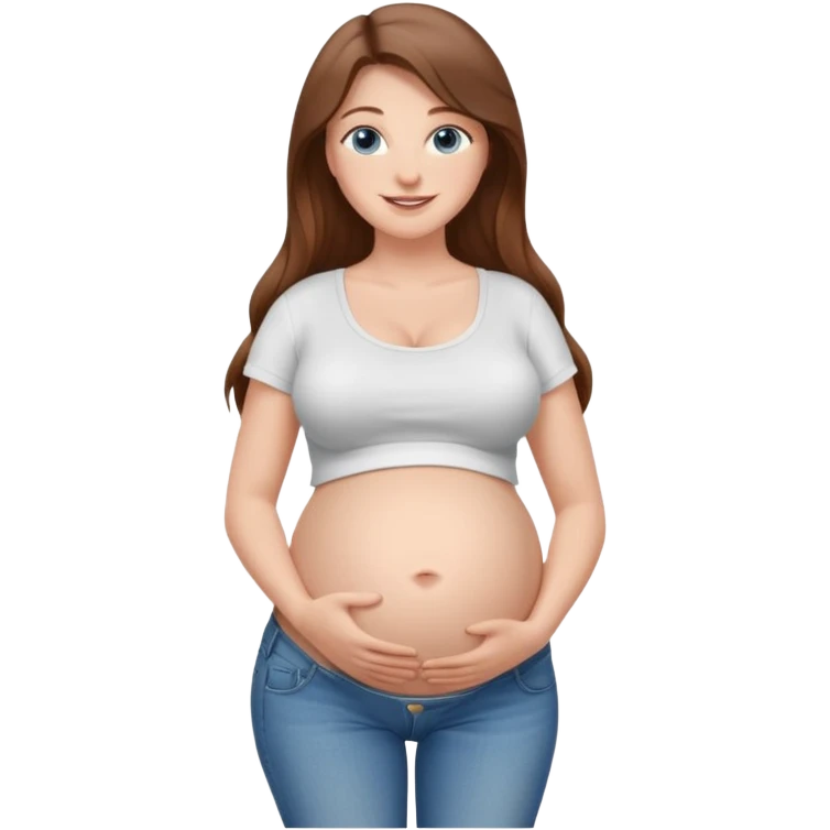 White girl, 18, long brown hair, blue eyes, white crop top, jeans, huge pregnant belly, big boobs, side view, skinny, bare midriff, smiling emoji