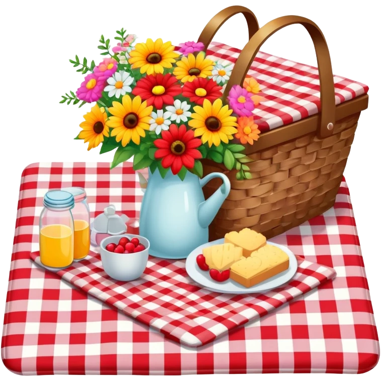 colorful bouquet of flowers on a red and white checkered picnic blanket with small picnic basket nearby emoji