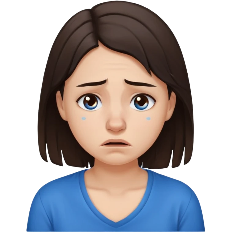 white young curly long hair girl, dark brown hair, with a blue shirt, in despair crying, brown eyes, septum nose piercing emoji