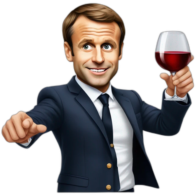 Emmanuel Macron avec un verre de vin rouge emoji