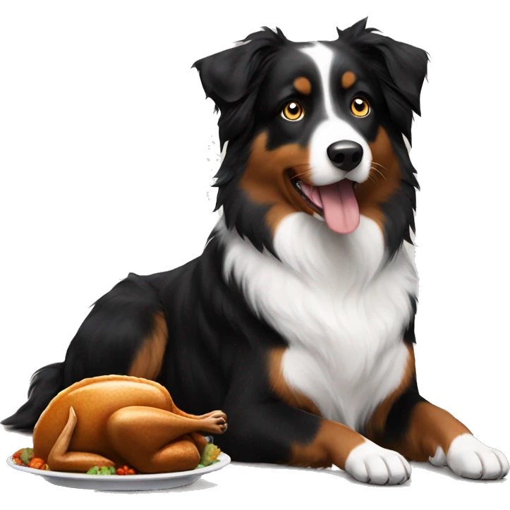 Black tri Australian shepherd eating thanksgiving dinner emoji