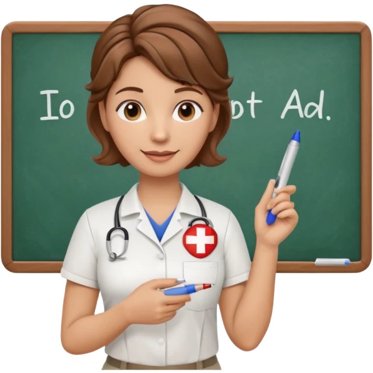 happy teacher with white board brown hair updo, first aid shirt emoji