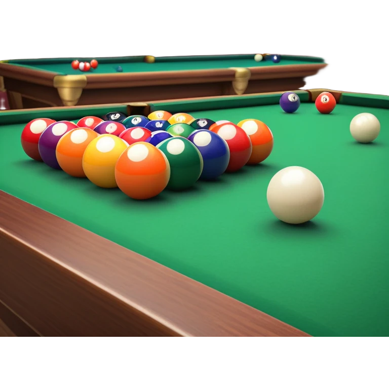 A close-up of a billiard table with a cue stick lined up to strike a colorful set of balls. The focus is on the precision of the shot, with the table’s green surface and the triangular arrangement of balls, creating a dynamic scene of strategy and concentration in the game of billiards. emoji