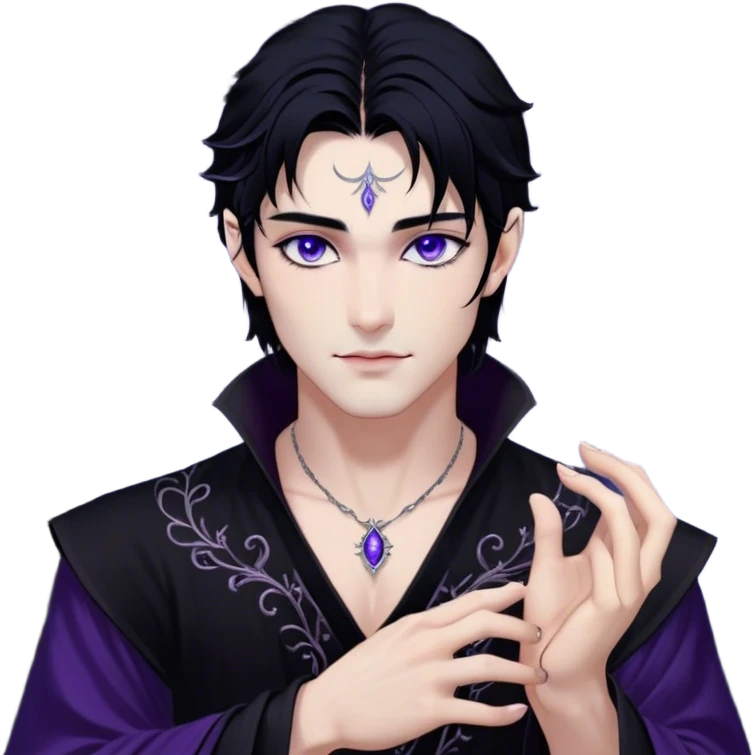A strikingly handsome High Fae male with midnight-black hair, piercing violet eyes that glow under the moonlight. His lips curve into a knowing smirk, revealing a dangerous charm. He wears an elegant black tunic with silver embroidery, the fabric flowing like liquid shadow. A silver ring glints on his long fingers, and faint wisps of darkness swirl around his shoulders like living mist emoji