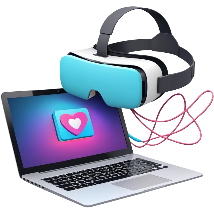 VR headset lying next to a laptop, connected by wires. On the laptop screen a VR/AR modeling program is opened. Floating 3D models or virtual objects. Modern, tech-inspired colors. No emojis or smiley faces. Transparent background. emoji